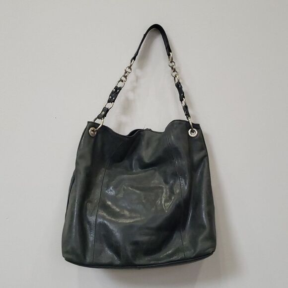 Franco Sarto Purse Hobo Distressed Leather Black Silver Link Hardware Tote - Picture 3 of 10
